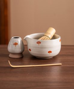 Mushroom Hand-painted Ceramic Matcha Bowl Set with Bamboo Whisk & Holder, 450ml Starter Kit