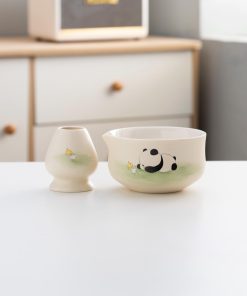 Panda Ceramic Matcha Bowl Set with Bamboo Whisk, 450ml Starter Kit