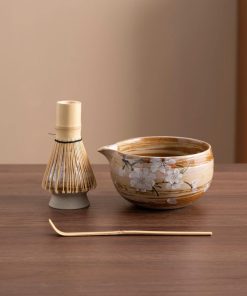 Peach Blossom Hand-painted Ceramic Matcha Bowl Set with Bamboo Whisk & Holder, 450ml Starter Kit