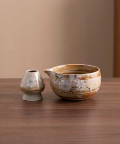 Peach Blossom Hand-painted Ceramic Matcha Bowl Set with Bamboo Whisk & Holder, 450ml Starter Kit