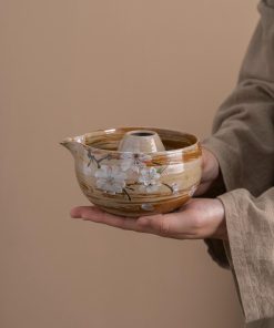 Peach Blossom Hand-painted Ceramic Matcha Bowl Set with Bamboo Whisk & Holder, 450ml Starter Kit