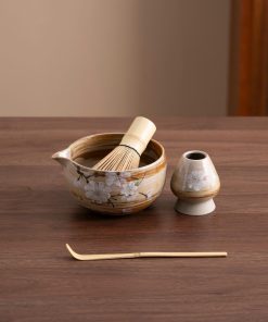 Peach Blossom Hand-painted Ceramic Matcha Bowl Set with Bamboo Whisk & Holder, 450ml Starter Kit