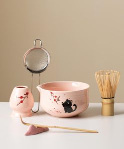 Pink Black Black Cat Ceramic Matcha Bowl Set, 450ml Starter Kit