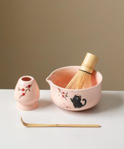 Pink Black Black Cat Ceramic Matcha Bowl Set, 450ml Starter Kit