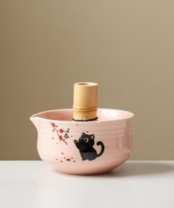 Pink Black Black Cat Ceramic Matcha Bowl Set, 450ml Starter Kit