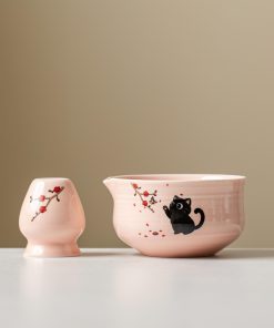 Pink Black Black Cat Ceramic Matcha Bowl Set, 450ml Starter Kit