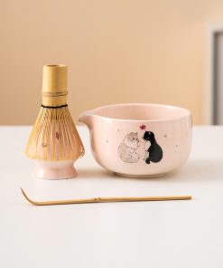 Pink Cat Hand-painted Ceramic Matcha Bowl Set with Spout, Bamboo Whisk & Holder, 450ml Starter Kit