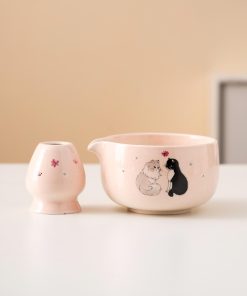 Pink Cat Hand-painted Ceramic Matcha Bowl Set with Spout, Bamboo Whisk & Holder, 450ml Starter Kit