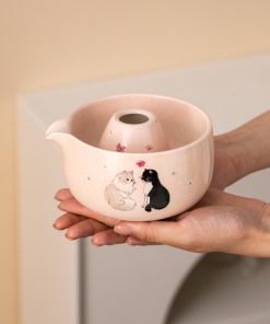 Pink Cat Hand-painted Ceramic Matcha Bowl Set with Spout, Bamboo Whisk & Holder, 450ml Starter Kit