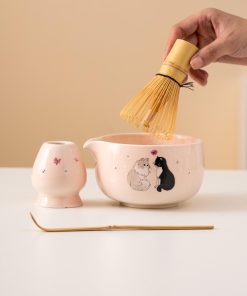 Pink Cat Hand-painted Ceramic Matcha Bowl Set with Spout, Bamboo Whisk & Holder, 450ml Starter Kit