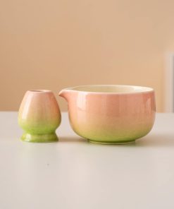 Pink Ceramic Matcha Bowl Set with Spout, Bamboo Whisk & Holder, 450ml Gift Kit