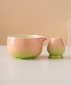 Pink Ceramic Matcha Bowl Set with Spout, Bamboo Whisk & Holder, 450ml Gift Kit
