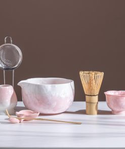 Pink Crystal Glaze Ceramic Matcha Bowl Set with Bamboo Whisk, 700ml Starter Kit