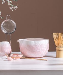 Pink Crystal Glaze Ceramic Matcha Bowl Set with Bamboo Whisk, 700ml Starter Kit