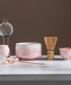 Pink Crystalline Ceramic Matcha Bowl Set with Bamboo Whisk, 480ml Starter Kit