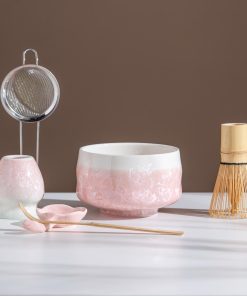 Pink Crystalline Ceramic Matcha Bowl Set with Bamboo Whisk, 480ml Starter Kit