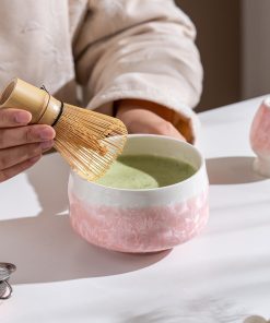 Pink Crystalline Ceramic Matcha Bowl Set with Bamboo Whisk, 480ml Starter Kit