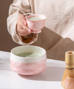 Pink Crystalline Ceramic Matcha Bowl Set with Bamboo Whisk, 480ml Starter Kit