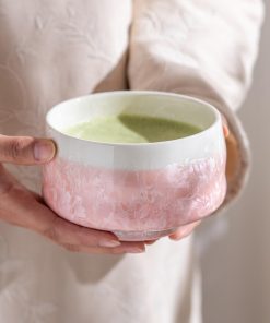 Pink Crystalline Ceramic Matcha Bowl Set with Bamboo Whisk, 480ml Starter Kit