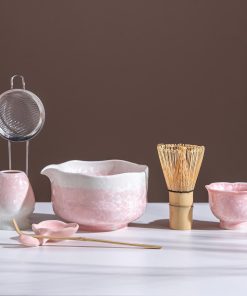 Pink Crystalline Ceramic Matcha Bowl Set with Bamboo Whisk, 600ml Starter Kit