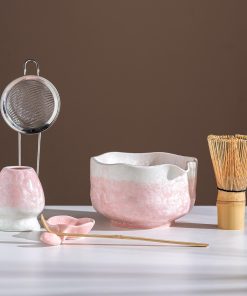 Pink Crystalline Ceramic Matcha Bowl Set with Bamboo Whisk, 600ml Starter Kit