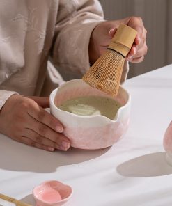 Pink Crystalline Ceramic Matcha Bowl Set with Bamboo Whisk, 600ml Starter Kit
