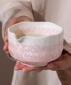 Pink Crystalline Ceramic Matcha Bowl Set with Bamboo Whisk, 600ml Starter Kit