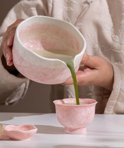 Pink Crystalline Ceramic Matcha Bowl Set with Bamboo Whisk, 600ml Starter Kit
