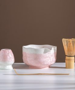 Pink Crystalline Ceramic Matcha Bowl Set with Bamboo Whisk, 600ml Starter Kit