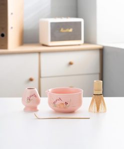 Pink Floral Hand-painted Ceramic Matcha Bowl Set, 450ml Starter Kit