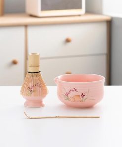 Pink Floral Hand-painted Ceramic Matcha Bowl Set, 450ml Starter Kit