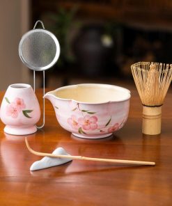 Pink Flower Hand-painted Ceramic Matcha Bowl Set with Bamboo Whisk & Holder, 600ml Gift Kit