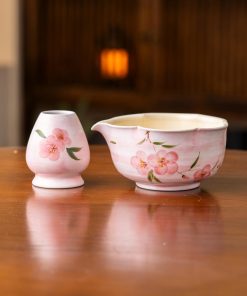 Pink Flower Hand-painted Ceramic Matcha Bowl Set with Bamboo Whisk & Holder, 600ml Gift Kit