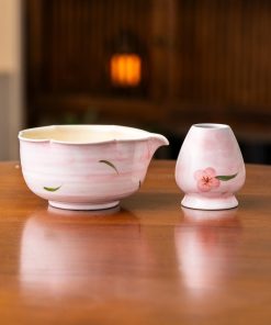 Pink Flower Hand-painted Ceramic Matcha Bowl Set with Bamboo Whisk & Holder, 600ml Gift Kit