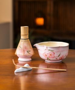 Pink Flower Hand-painted Ceramic Matcha Bowl Set with Bamboo Whisk & Holder, 600ml Gift Kit