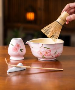 Pink Flower Hand-painted Ceramic Matcha Bowl Set with Bamboo Whisk & Holder, 600ml Gift Kit