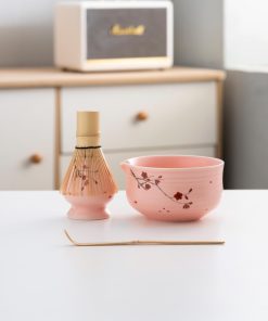 Pink Hand-painted Ceramic Matcha Bowl Set with Bamboo Whisk & Holder, 450ml Starter Kit