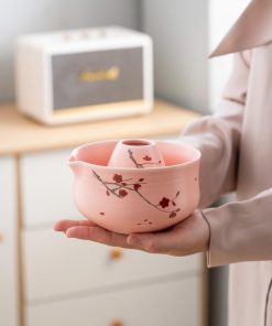 Pink Hand-painted Ceramic Matcha Bowl Set with Bamboo Whisk & Holder, 450ml Starter Kit