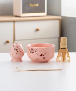 Pink Hand-painted Ceramic Matcha Bowl Set with Bamboo Whisk & Holder, 450ml Starter Kit