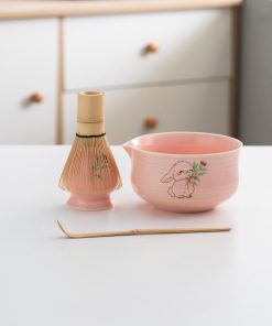 Pink Rabbit Hand-painted Ceramic Matcha Bowl Set with Bamboo Whisk & Holder, 450ml Starter Kit