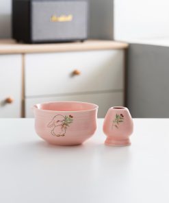 Pink Rabbit Hand-painted Ceramic Matcha Bowl Set with Bamboo Whisk & Holder, 450ml Starter Kit