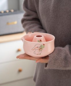 Pink Rabbit Hand-painted Ceramic Matcha Bowl Set with Bamboo Whisk & Holder, 450ml Starter Kit