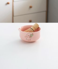 Pink Rabbit Hand-painted Ceramic Matcha Bowl Set with Bamboo Whisk & Holder, 450ml Starter Kit