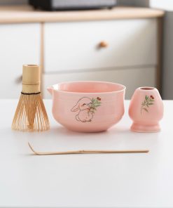 Pink Rabbit Hand-painted Ceramic Matcha Bowl Set with Bamboo Whisk & Holder, 450ml Starter Kit