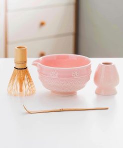 Pink Sakura Ceramic Matcha Bowl Set with Bamboo Whisk & Holder, 420ml Starter Kit