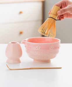 Pink Sakura Ceramic Matcha Bowl Set with Bamboo Whisk & Holder, 420ml Starter Kit
