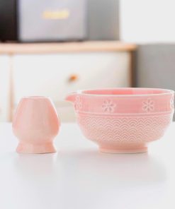 Pink Sakura Ceramic Matcha Bowl Set with Bamboo Whisk & Holder, 420ml Starter Kit
