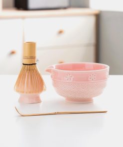 Pink Sakura Ceramic Matcha Bowl Set with Bamboo Whisk & Holder, 420ml Starter Kit