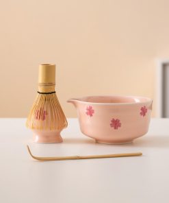 Pink Sakura Hand-painted Ceramic Matcha Bowl Set with Bamboo Whisk & Holder, 450ml Starter Kit