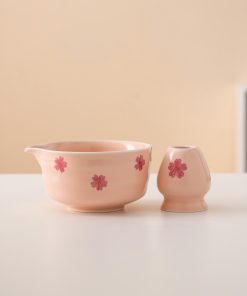 Pink Sakura Hand-painted Ceramic Matcha Bowl Set with Bamboo Whisk & Holder, 450ml Starter Kit